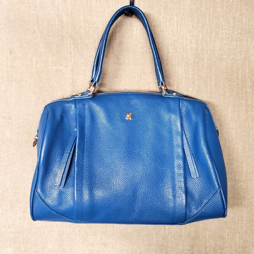 Ora Delphine Teal Blue Pebbled Leather Satchel Handbag Gold Hardware